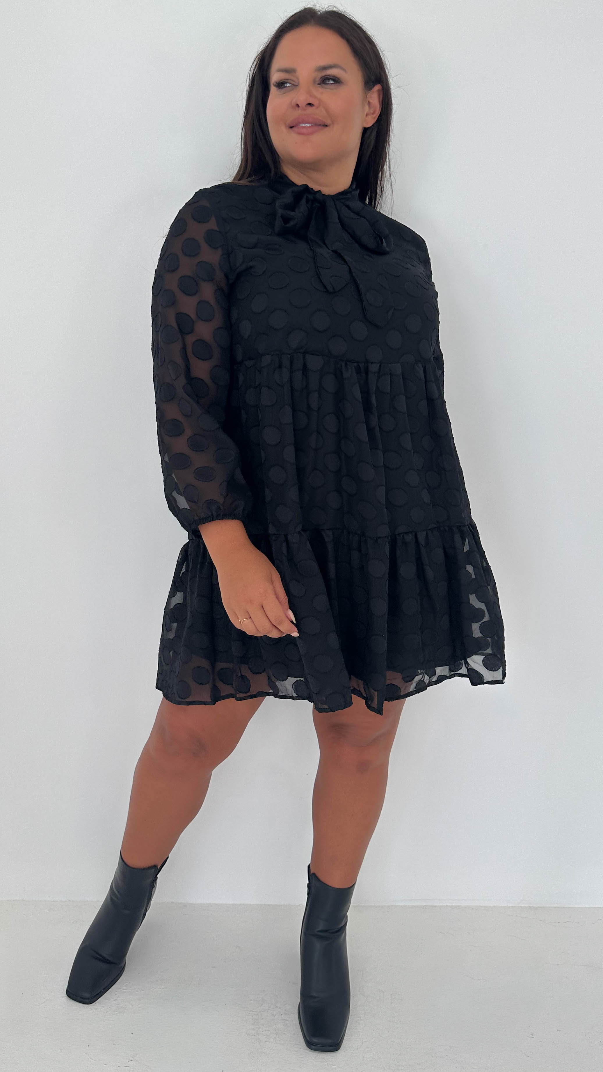 CurveWow Pussybow Spot Dress Black