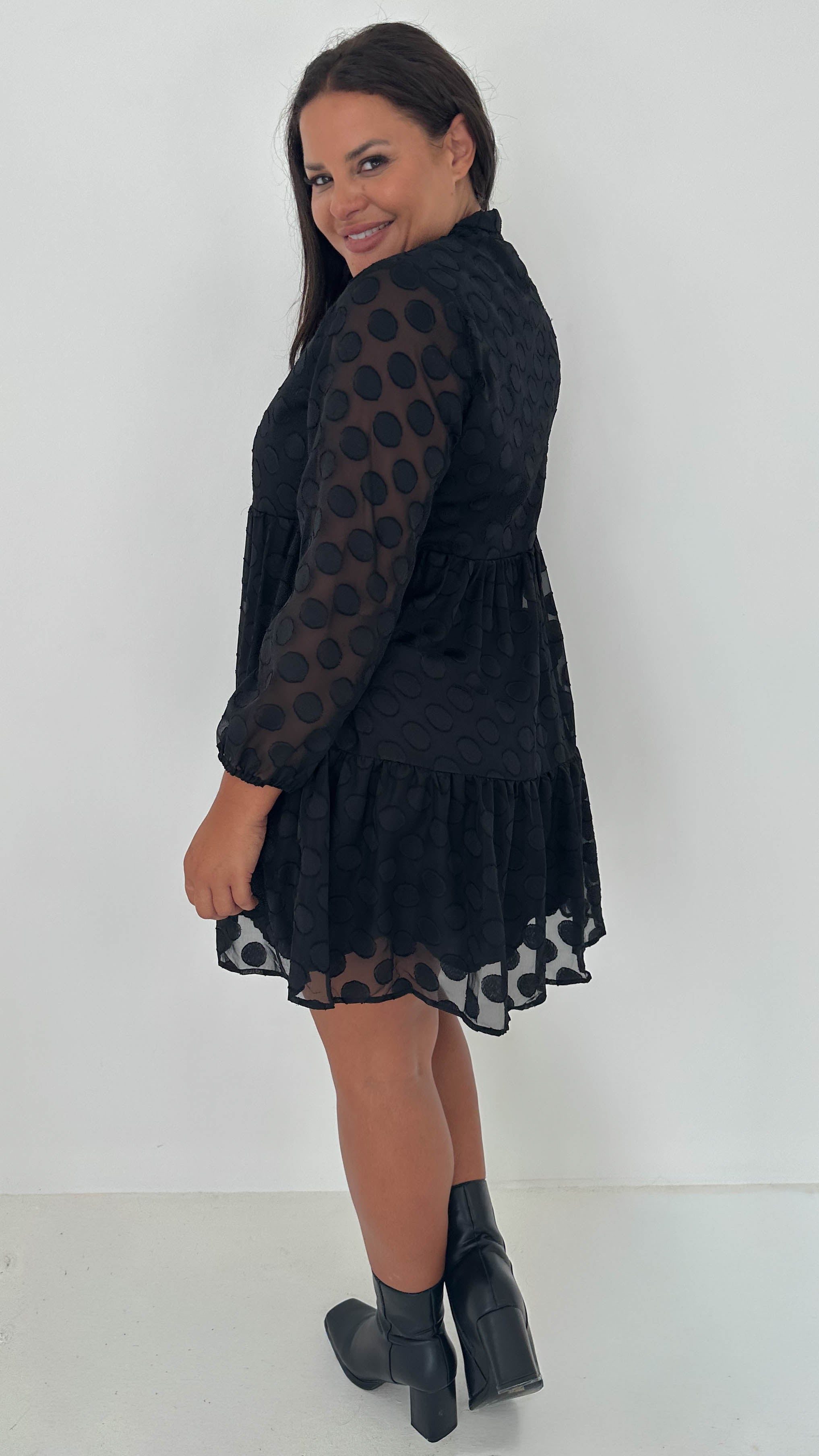 CurveWow Pussybow Spot Dress Black